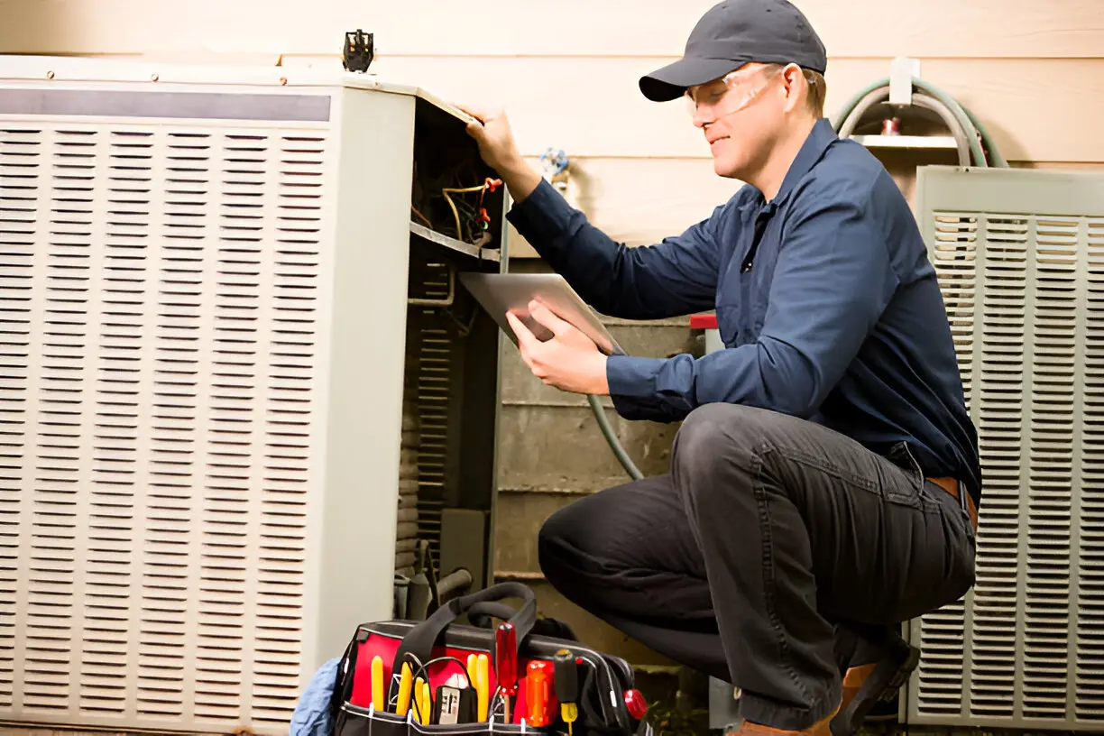 Home 11 HVAC technician repairing a central air conditioner at a home in Orlando, FL